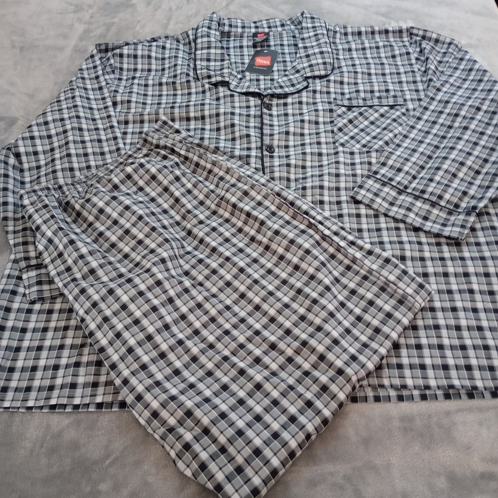 Hanes Mens Sleepwear 4XL Gray Plaid Woven Pajama Set Long Sleeve Shirt Pants NEW